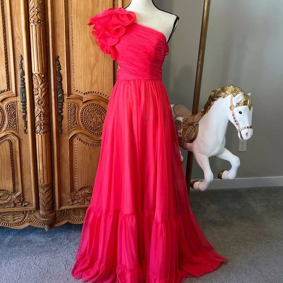 NWT Mac Duggal A67941 Pink Chiffon Evening Gown Maxi Dress Corset Back 4 Ieena - Picture 1 of 12